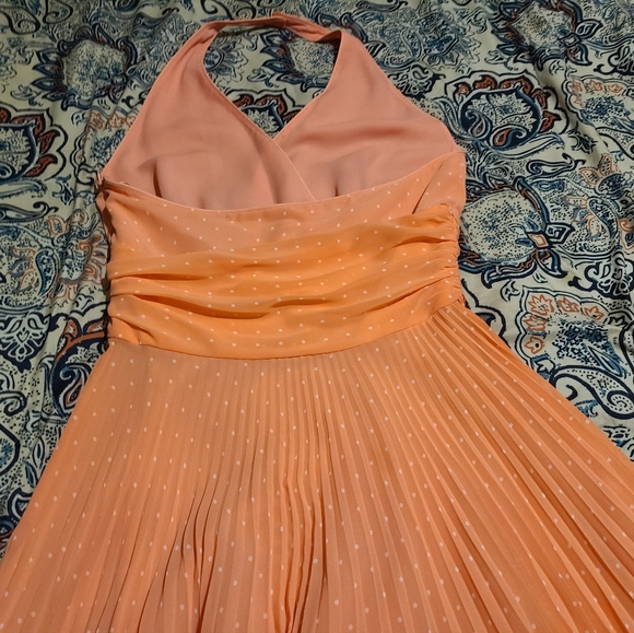 Coral w/ small white polka dots, Halter dress with small pleating. - Picture 2 of 6